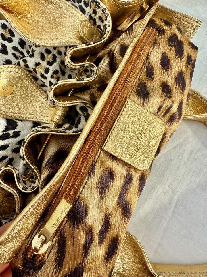 Roberto Cavalli | Y2K Leopard Animal Print Tote Bag Gold Metallic Designer Purse - Image 3 of 4