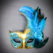 Venetian Side Feather Masquerade Mask Blue Gold Halloween Mardi Gras Party