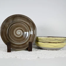 Set of 3 SANTA ANITA Vreni 8" Round Vegetable Bowl Stylized Spirals Brown Yellow