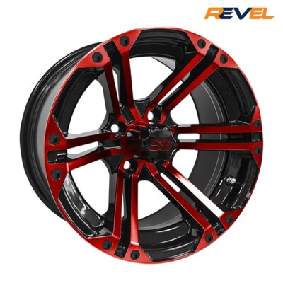 Set of 4, RHOX 14'' Black & Red Golf Cart Wheels, RHOX RX354, 14x7, ET -25