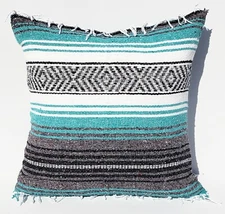 Teal Mexican Blanket Pillow, Serape Blanket, Falsa Blanket, Boho Pillow,Beach