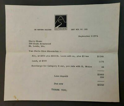 Vintage Autoscene NY Travel Invoice Paris Air Fare Harry Shear Sept. 1976