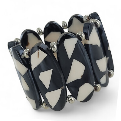 Chicos Wide Black Off White Silver Bead Stretch Bracelet One Size