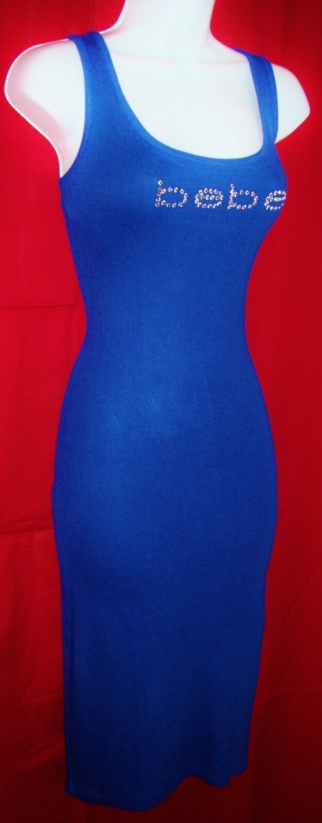 bebe women's dresses SWAROVSKI CRYSTAL RHINESTONE LOGO BLUE DRESS SIZE STRETCHY XL NWT Cool Iron if Needed New with Tag Bebe Women