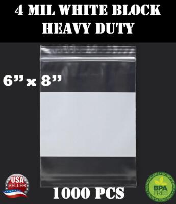 1000 - 6'' x 8'' Zip Seal Reclosable 4Mil Top Lock Bags White Block Heavy Duty