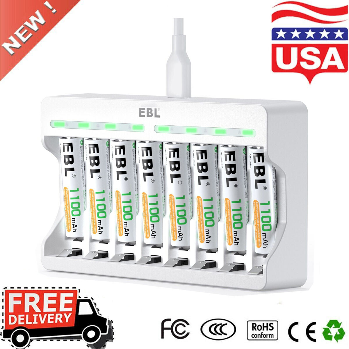 8X EBL 1100mAh Rechargeable AAA Batteries & 8 Slot AA AAA Battery Charger Combo-image