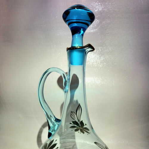 Romanian Vintage Blue Glass Decanter with 6 Cordial Glasses Gold Floral Design - Picture 6 of 12