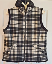 Womens Woolrich Vest Black White Moccasin Plaid 80 Wool Faux Fur Lined Med READ