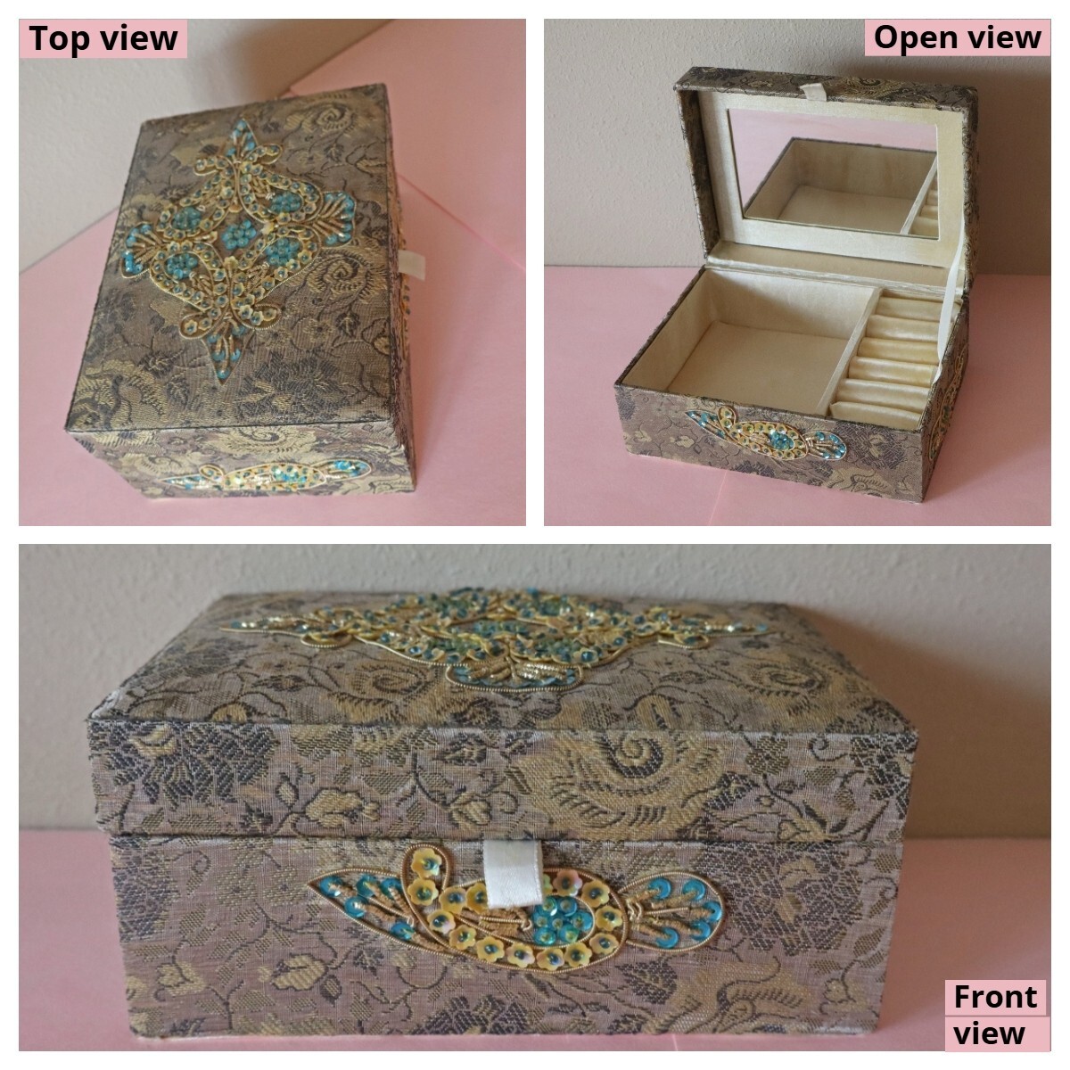 Handmade in India,Blue Brocade Sequin Beaded Satin Floral Jewelry Box w/ Mirror