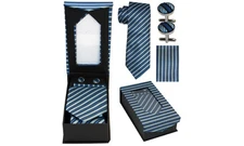 Designer Necktie + Cuff Link + Hanky Set - Classy BLUE STRIPES Wedding Birthday 