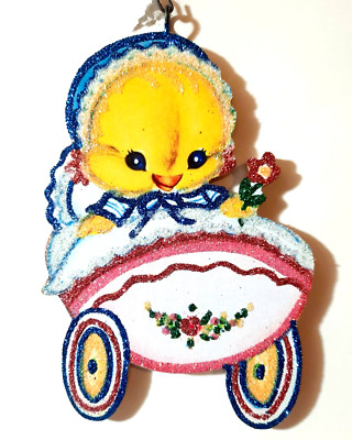 YELLOW CHICK in BABY CARRIAGE   * Glitter EASTER ORNAMENT * Vtg Img