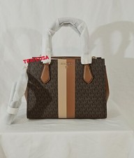NWT Michael Kors Marilyn Medium Logo Stripe Satchel Crossbody Brown Luggage 298