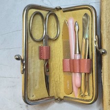 Vintage Pink Leather Manicure Nail Set Snap Close Travel Kit Germany Complete