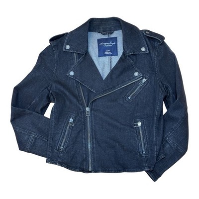 American Eagle Moto Black Women s Jean Jacket, Black Distressed, Denim Medium