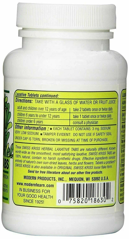 Natural Swiss Kriss Herbal Laxative Tablets Constipation Relief Supplement 250ct — 第 3/4 张图片