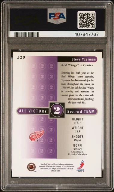 1999 UD Victory STEVE YZERMAN #320 PSA 10 GEM MINT - Detroit Red Wings Pop=2 - Image 2 of 2