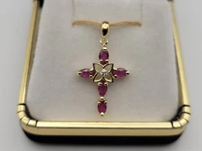 10k Marquise Genuine Rubies With Small Diamond Yellow Gold Cross Pendant