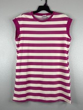 Women Large Retro Ribbed Stripe T-Shirt Dress Magenta White Crew Neck