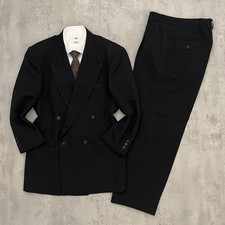 Double Breasted Wool Silk Suit Set Mens Black Peak Lapel Pleated Wide Trousers