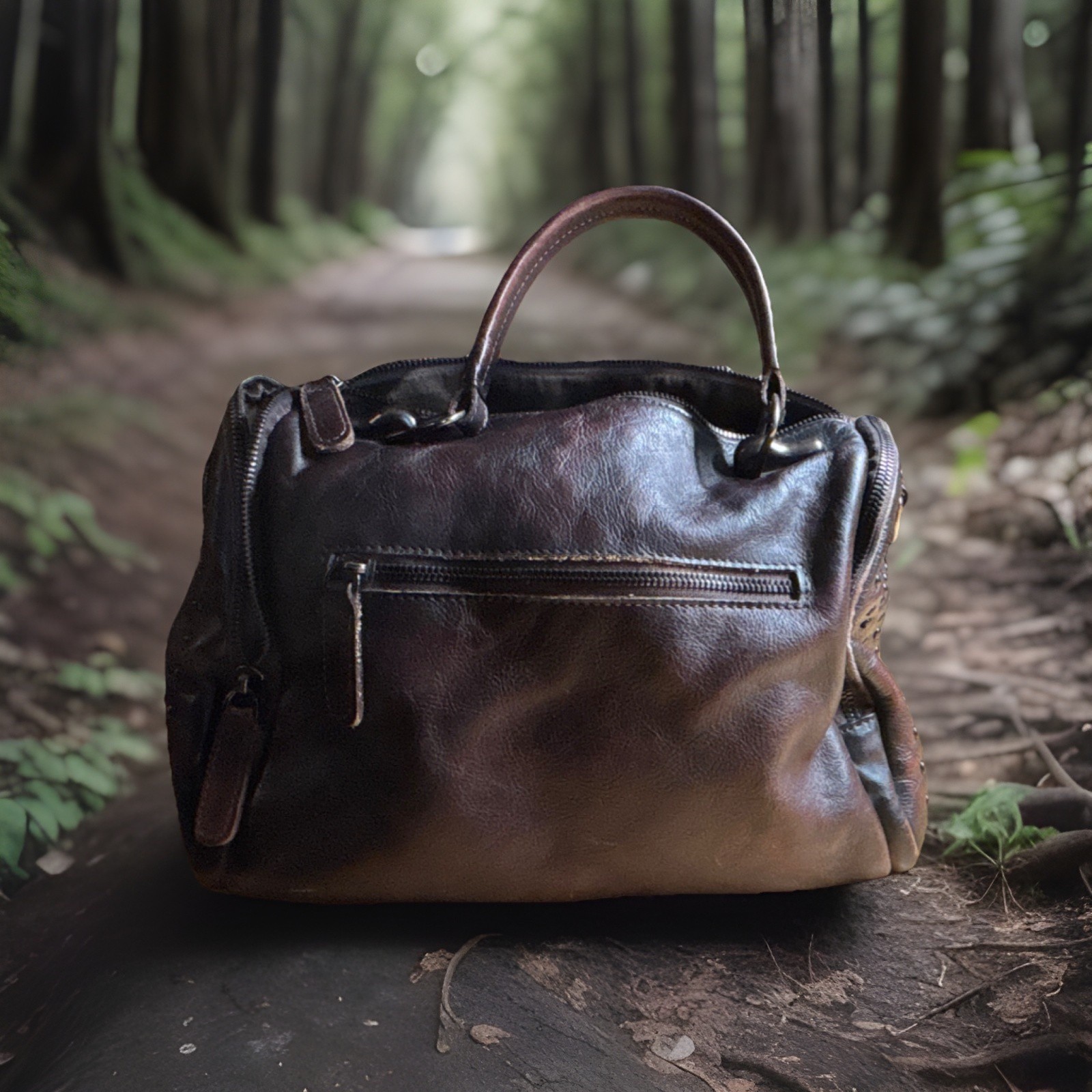 Brown Distressed Studded Satchel Top Handle Bag with Zip Flap Closure