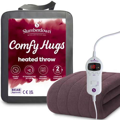 Heated Throw Blanket in Plum Soft Fleece - Comfy Hugs by Slumberdown