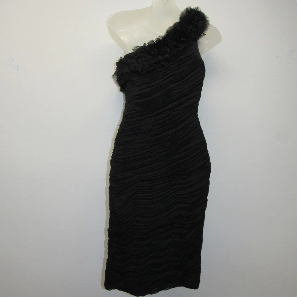 Vestido Calvin Klein 100% Seda Negro Un Hombro Bodycon Acanalado 2 Cóctel Fiesta Foto 3 de 4