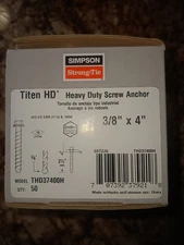 Simpson Strong Tie Heavy Duty Screw Anchor 3/8 x 4 50 pk THD37400H Zinc plated