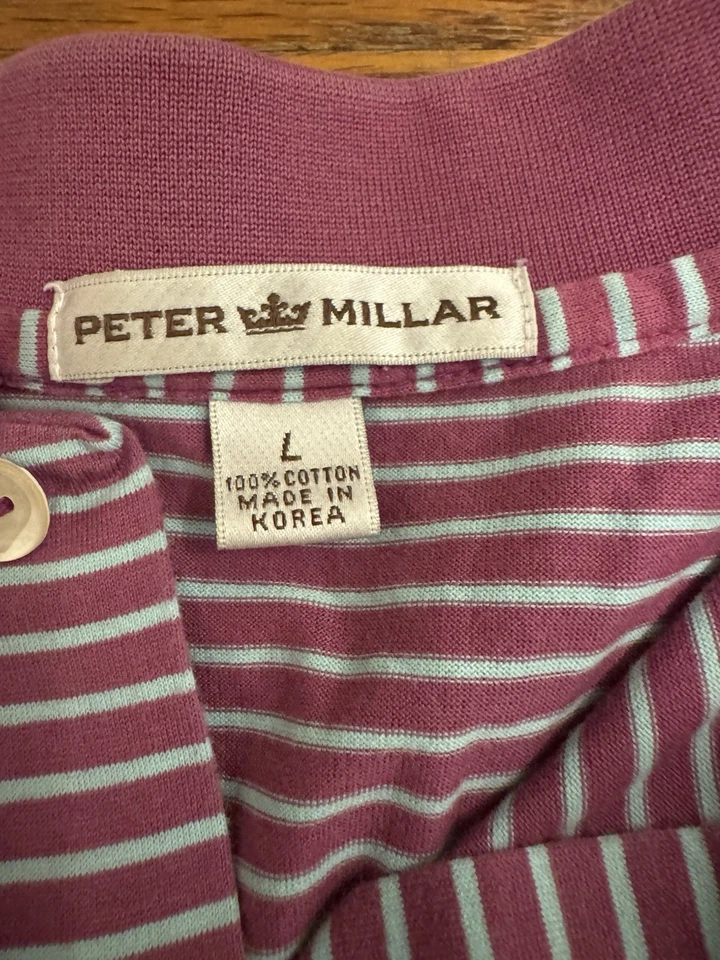 Polo de golf Peter Millar para hombre talla L 100 % algodón Erin Hills logotipo púrpura y azul Foto 4 de 4