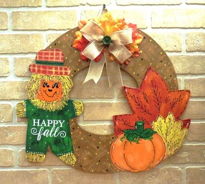 Happy Fall Wreath Shaped 19'' Door Sign Scarecrow Pumpkin Personalized Autumn