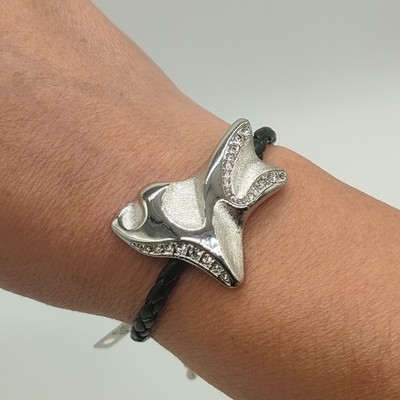 Armband Leder Schwarz Edelstahl  Silber Zirkonia Damen Schmuck Modeschmuck Mode