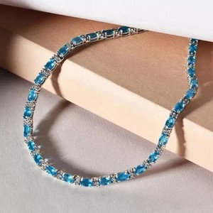 Authentic Lab Created 18ctOval Aqua Diamond Tennis Necklace 14K White Gold Plated 16"