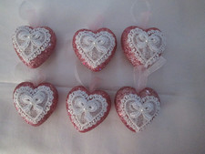 6 Elegant Pink Glitter  Lace Heart Valentines Day Ornaments, appx. 2.5" NEW