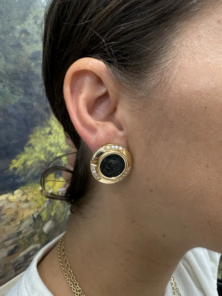 Pendientes de moneda BVLGARI ITALIA de oro amarillo de 18k, diamantes y monedas romanas antiguas 1980 Foto 4 de 4