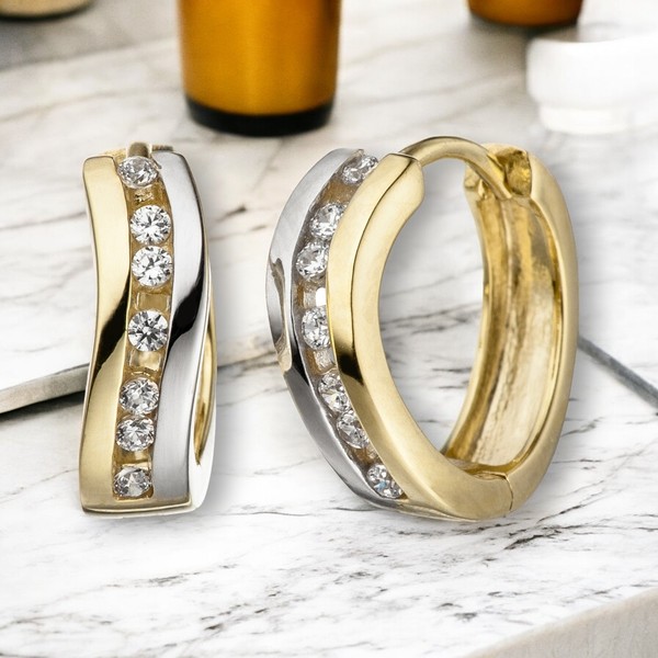 Creolen 333 Gold Gelbgold Bicolor Mit Zirkonia Ohrringe Goldcreolen Goldohrringe-image