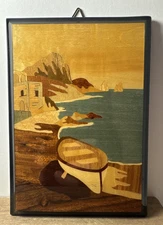 Mayflower Sorrento Wood Inlay Coastal Italy Wall Plaque Lacquered 6.75" x  4.75"