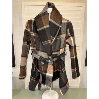 Chicwish Wrap Coat Women Brown Plaid Wool Blend Shawl Collar Belted XXS New