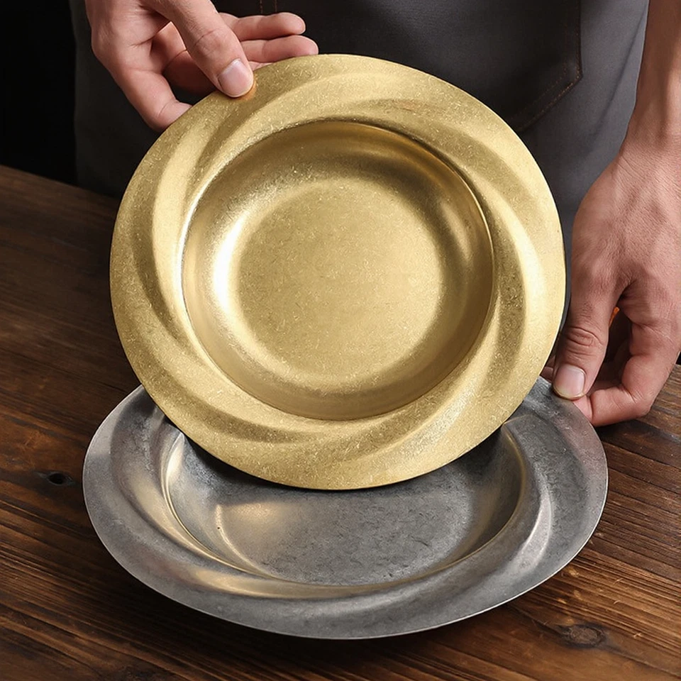 Stainless Steel 23CM Round Plate for Salads Dry Pot Serving Gold Silver - Image 1 of 4