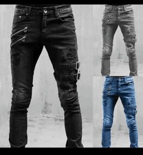 Mens Biker Pants Fashion Buckle Punk Skinny Ripped Jeans Casual Denim Trousers//