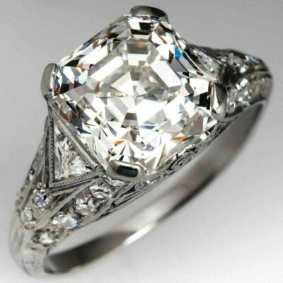 14K White Gold Plated 3 CT Asscher Cut Lab-Created Diamond Engagement Ring SZ-7