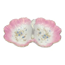 Antique KPM Divided Double Serving Bowl w/ Handle Pink w/ Blue Flowers - Germany