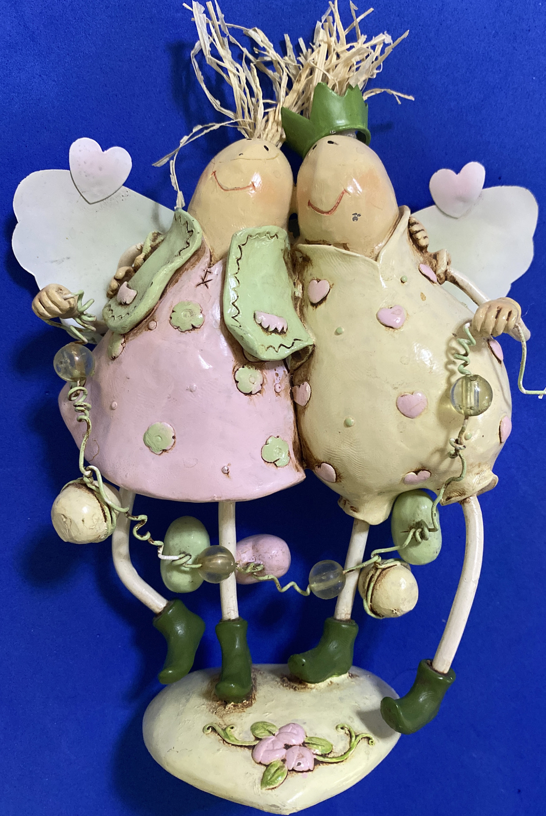 Angels Whimsical ￼Figurines with Heart, Flowers Metal Wings King Queen 6” Pk/Grn