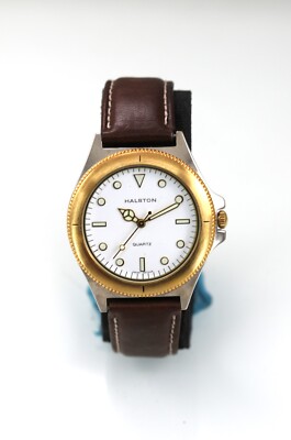 Halston Herren Armbanduhr Gold Silber Edelstahl Braunes Leder Wr Batterie Quarz