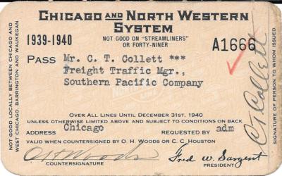 1939-40 Chicago and North Western RR Pass for Frt Traf Mgr Southern Pacific 
