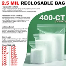 x400, 2.5 Mil Thickness Zipper Reclosable Ziplock CLEAR Plastic Seal Poly Bags