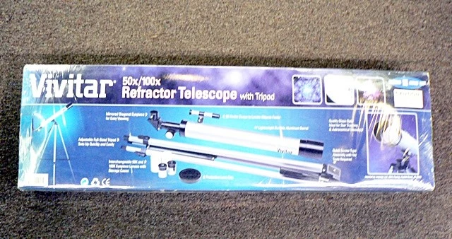 VINTAGE 2007 VIVITAR 50X 100X REFRACTOR TELESCOPE WITH TRIPOD IN BOX