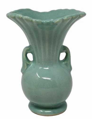 VTG Pottery Double Handle Vase Flared Rim Art Deco Aqua Blue Green McCoy Shawnee
