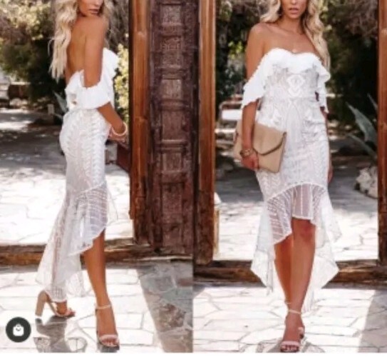 Saints Secrets White Lace Off The Shoulder High Low Midi Dress