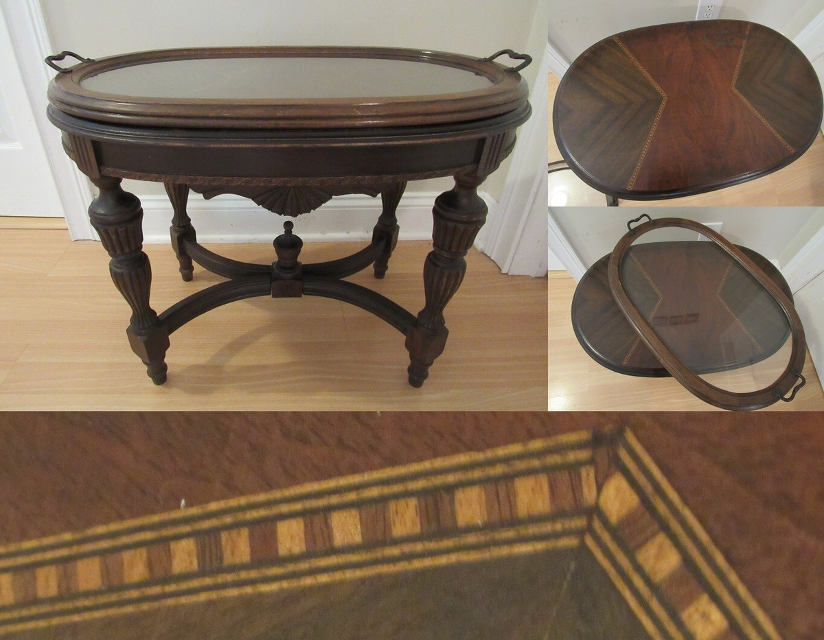 antique tea table REMOVABLE GLASS TOP TRAY early 1900's WOOD INLAY