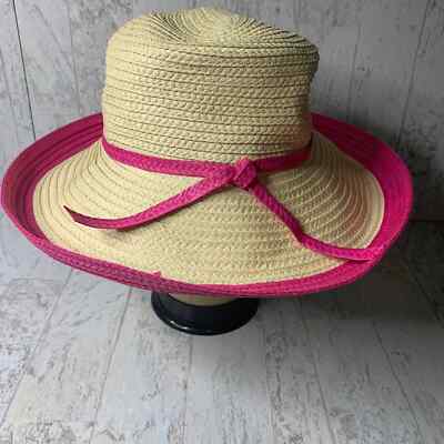 August Accessories Sarasota Straw Sunhat Womens Beige Pink Ribbon Wide Brim NWT