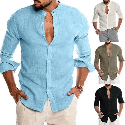 Herren Freizeit Lose Leinen Cardigan Shirt Ständer Kragen Langarm Blusen Tops - Bild 6 von 88